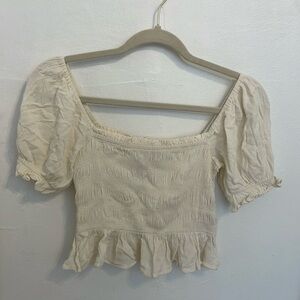 Forever 21 Cream Stretchy Puff Sleeve Crop Top (S)